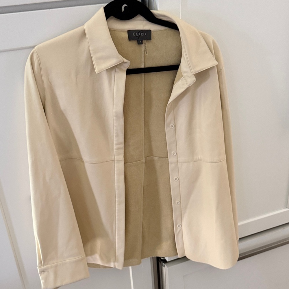 Leather Cream Button-Up Shirt Jacket